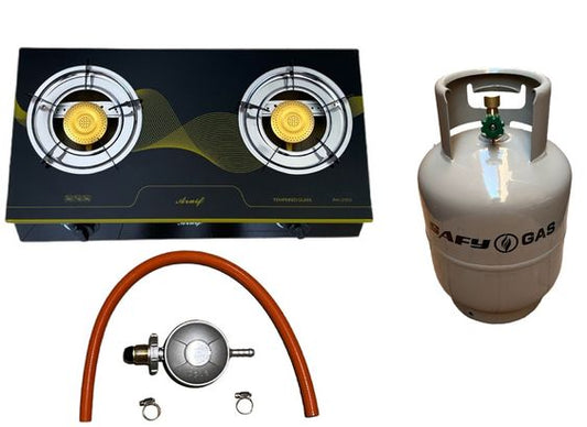 Aruif Two Burner Auto Ignition Tempered Glass Gas Stove & Safy 9Kg Cylinder