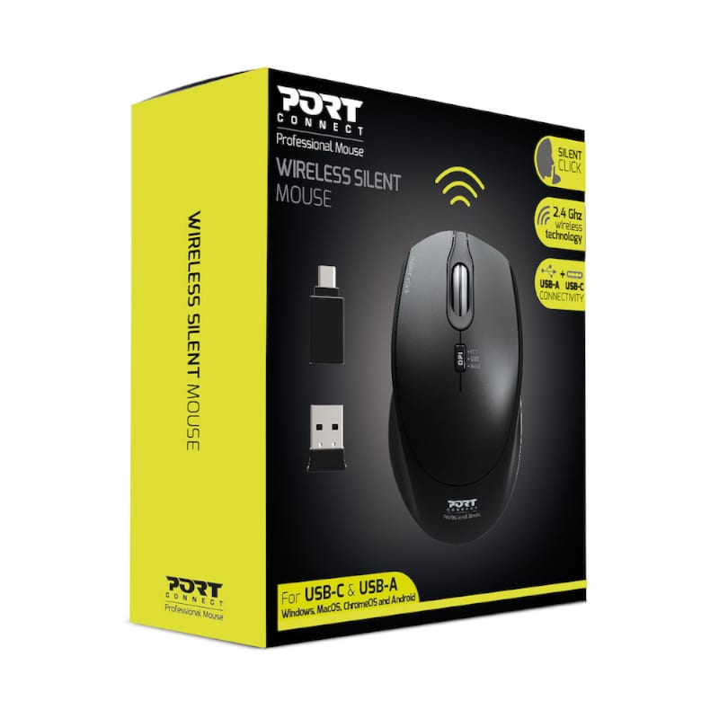Port Wireless Silent 3600DPI 3 Button USB and Type-C Dongle Mouse – Black