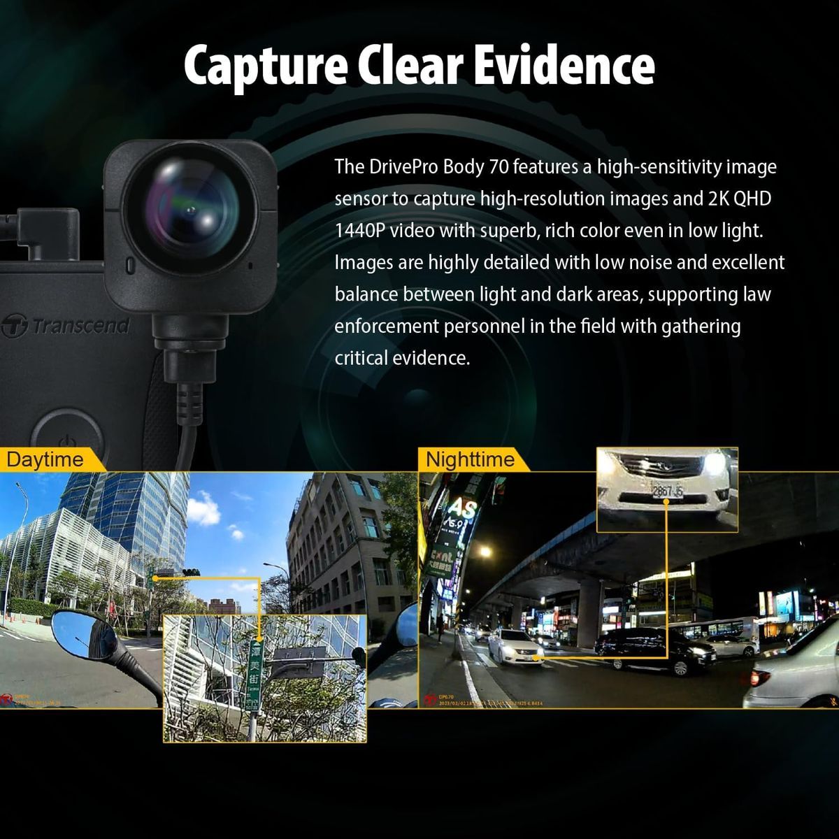 Transcend DrivePro Body 70 Body Camera - 2K QHD 1440P, 64GB, Wi-Fi, GPS