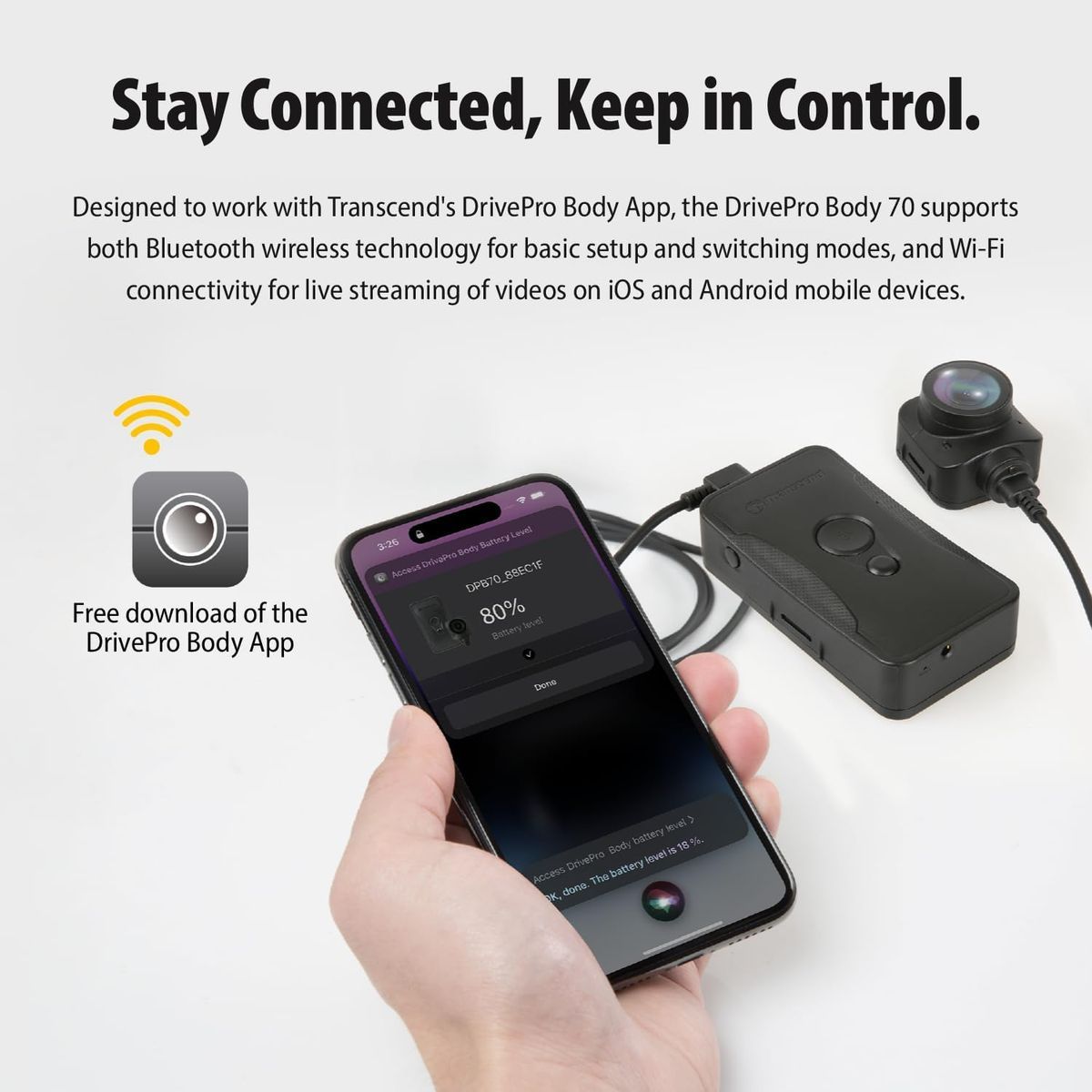 Transcend DrivePro Body 70 Body Camera - 2K QHD 1440P, 64GB, Wi-Fi, GPS