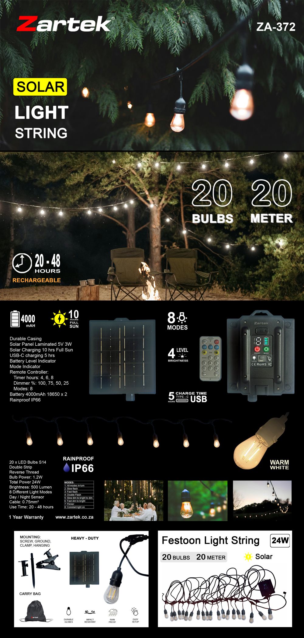 ZA-372 Rechargeable Solar Festoon Light String, 20m
