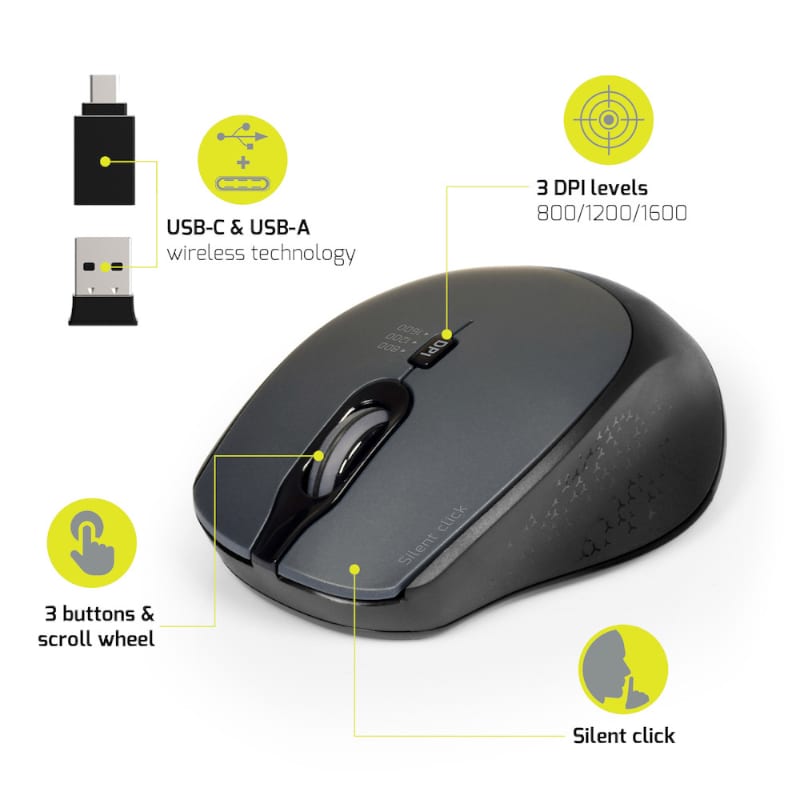 Port Wireless Silent 3600DPI 3 Button USB and Type-C Dongle Mouse – Black - TecAfrica Solutions