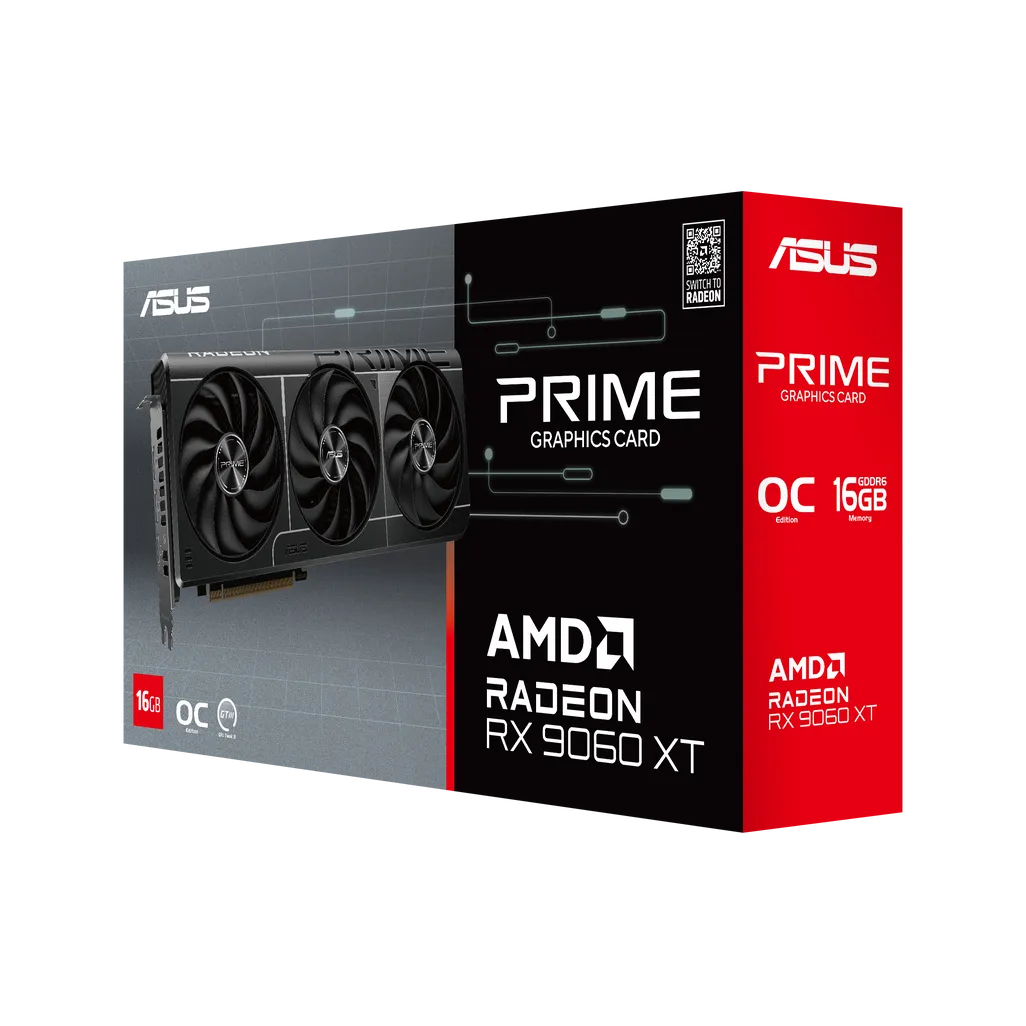 ASUS Prime Radeon RX 9060 XT O16G, Radeon RX 9060 XT, 16 GB, GDDR6, 128 bit, 7680 x 4320 pixels, PCI Express 5.0