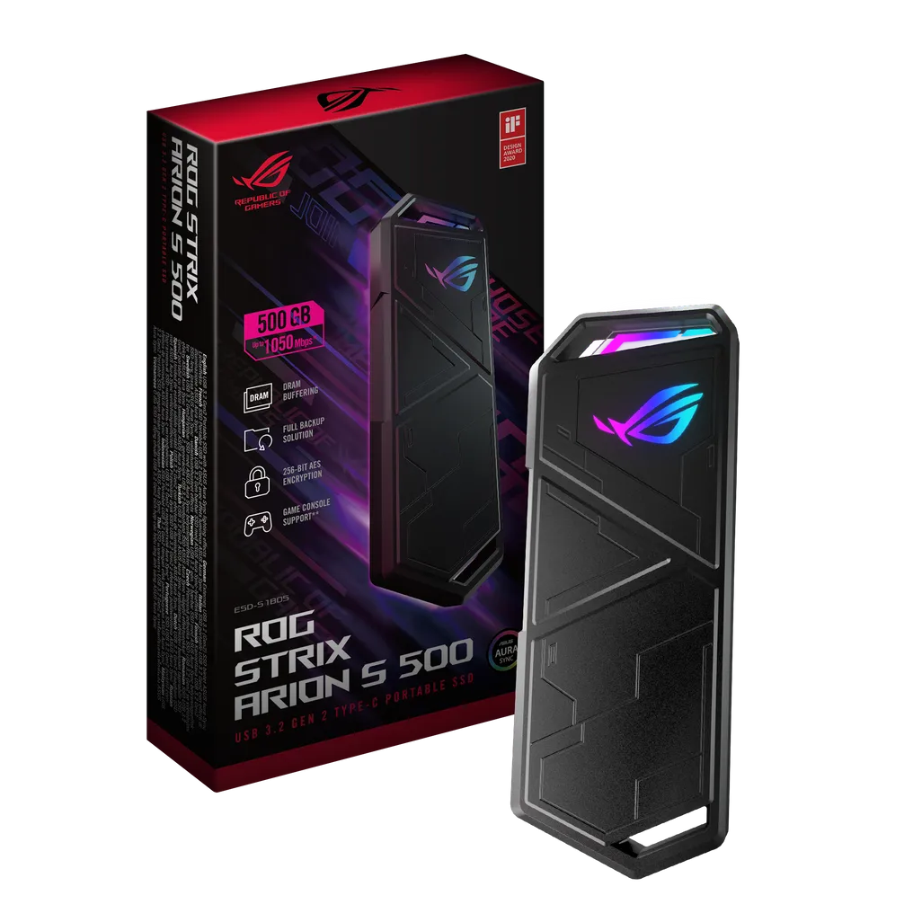 ASUS ROG Strix Arion S500, 500 GB, USB Type-C, 3.2 Gen 2 (3.1 Gen 2), 1050 MB/s, 10 Gbit/s, Black