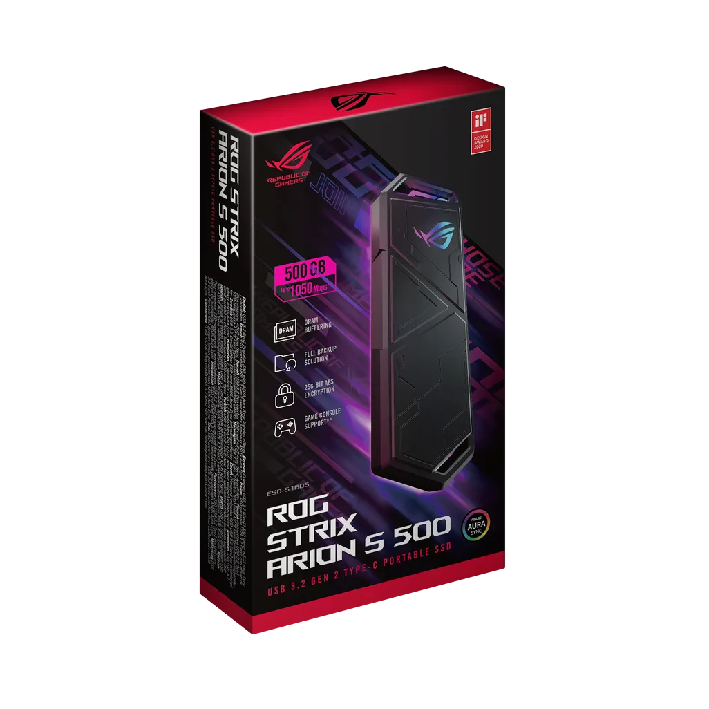 ASUS ROG Strix Arion S500, 500 GB, USB Type-C, 3.2 Gen 2 (3.1 Gen 2), 1050 MB/s, 10 Gbit/s, Black