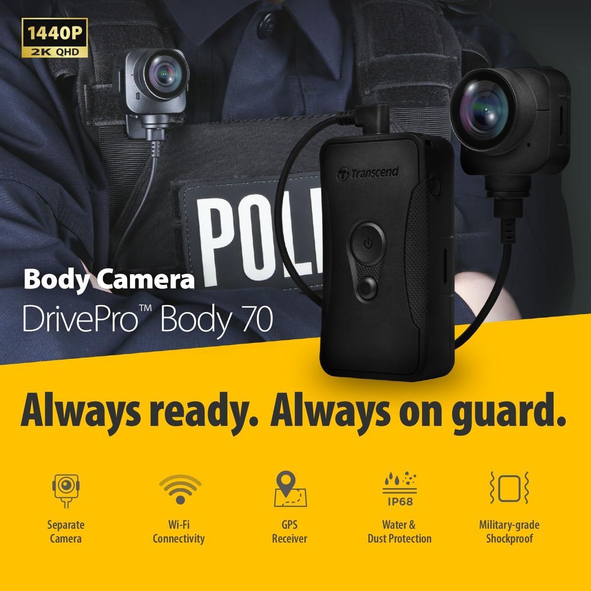 Transcend DrivePro Body 70 Body Camera - 2K QHD 1440P, 64GB, Wi-Fi, GPS