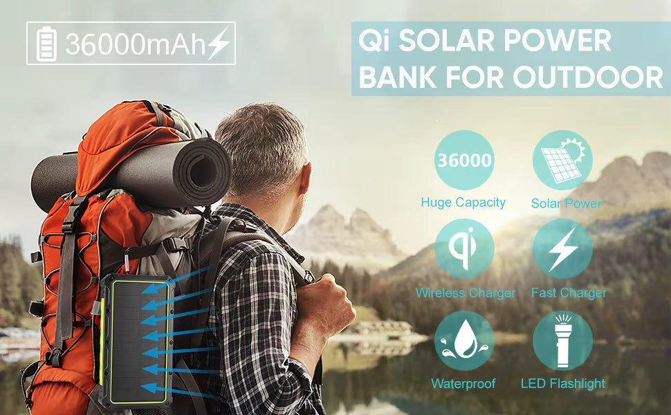 TECAFRICA 36 000mAh Solar Power Bank – Wireless Fast Charging Portable Outdoor Charger