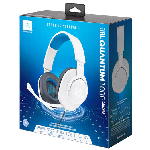 JBL Quantum 100P Console Wired Over-Ear Gaming Headset With Detachable Mic - White/Blue