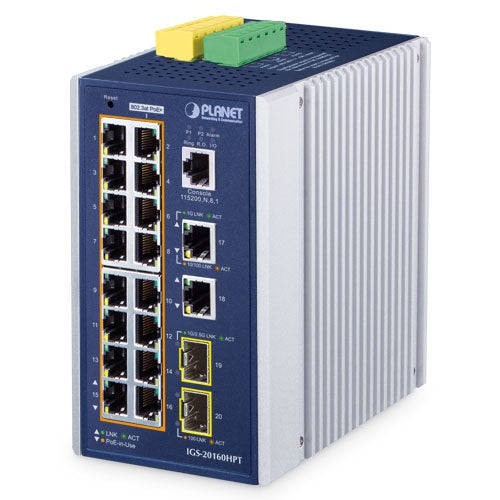 PLANET Industrial L3 16-Port 10/100/1000T 802.3at PoE + 2-Port 10/100/1000T + 2-Port 1G/2.5G SFP Managed Ethernet Switch