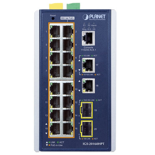 PLANET Industrial L3 16-Port 10/100/1000T 802.3at PoE + 2-Port 10/100/1000T + 2-Port 1G/2.5G SFP Managed Ethernet Switch