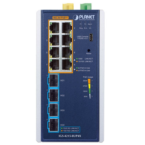 PLANET Industrial L2+ 8-Port 10/100/1000T 802.3bt PoE + 4-Port 10G SFP+ Managed Ethernet Switch