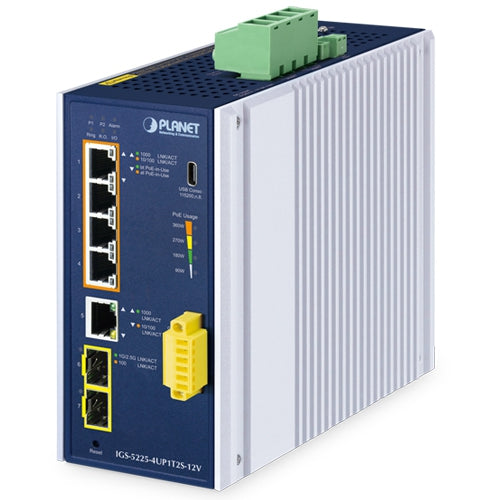 PLANET Industrial L2+ 4-Port 10/100/1000T 802.3bt PoE + 1-Port 10/100/1000T + 2-Port 1G/2.5G SFP Managed Ethernet Switch w/12V Booster