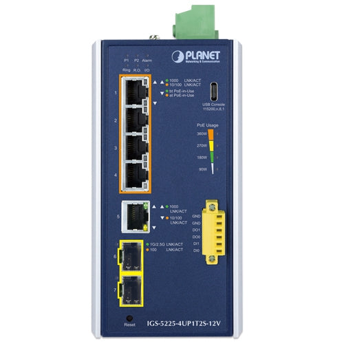 PLANET Industrial L2+ 4-Port 10/100/1000T 802.3bt PoE + 1-Port 10/100/1000T + 2-Port 1G/2.5G SFP Managed Ethernet Switch w/12V Booster