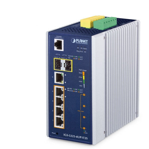 PLANET Industrial L2+ 4-Port 10/100/1000T 802.3bt PoE + 1-Port 10/100/1000T + 2-Port 1G/2.5G SFP Managed Ethernet Switch