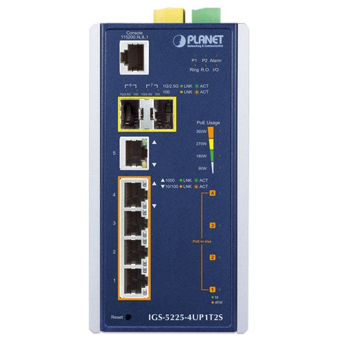 PLANET Industrial L2+ 4-Port 10/100/1000T 802.3bt PoE + 1-Port 10/100/1000T + 2-Port 1G/2.5G SFP Managed Ethernet Switch