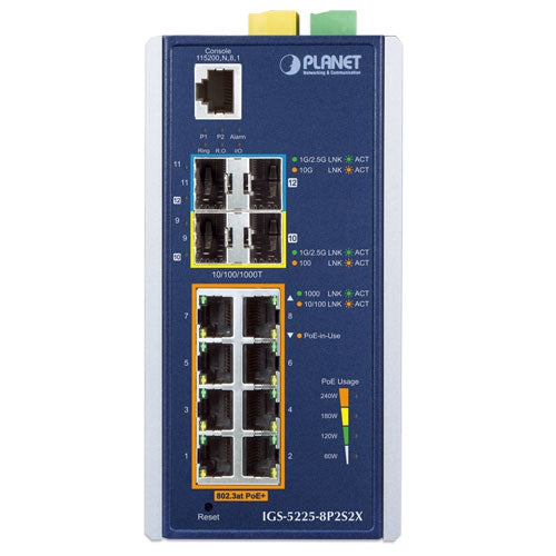 PLANET Industrial L3 8-Port 10/100/1000T 802.3at PoE + 2-Port 1G/2.5G SFP + 2-Port 10G SFP+ Managed Ethernet Switch