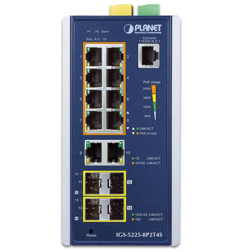 PLANET Industrial L2+ 8-Port 10/100/1000T 802.3at PoE + 2-Port 10/100/1000T + 2-Port 100/1G SFP + 2-Port 100/1G/2.5G SFP Managed Ethernet Switch