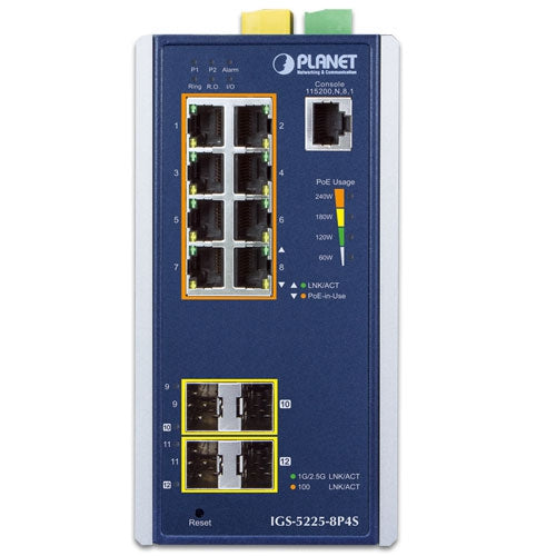 PLANET Industrial L2+8-Port 10/100/1000T 802.3at PoE + 2-Port 100/1G SFP + 2-Port 100/1G/2.5G SFP Managed Ethernet Switch