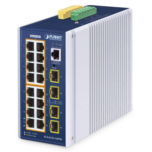 PLANET Industrial L3 16-Port 10/100/1000T 802.3at PoE + 4-Port 1G/2.5G SFP Managed Ethernet Switch