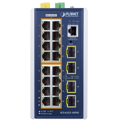 PLANET Industrial L3 16-Port 10/100/1000T 802.3at PoE + 4-Port 1G/2.5G SFP Managed Ethernet Switch