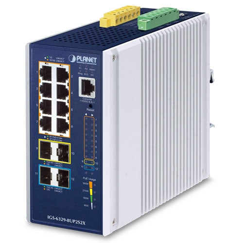 PLANET Industrial L3 8-Port 10/100/1000T 802.3bt PoE + 2-Port 1G/2.5G SFP + 2-Port 10G SFP+ Managed Ethernet Switch