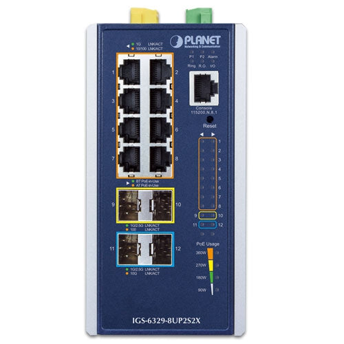 PLANET Industrial L3 8-Port 10/100/1000T 802.3bt PoE + 2-Port 1G/2.5G SFP + 2-Port 10G SFP+ Managed Ethernet Switch