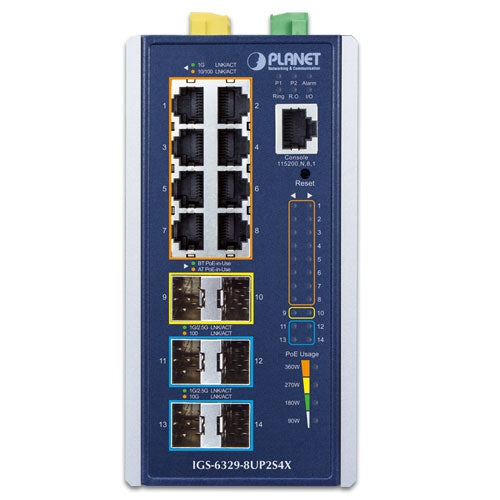 PLANET Industrial L3 8-Port 10/100/1000T 802.3bt PoE + 2-Port 1G/2.5G SFP + 4-Port 10G SFP+ Managed Ethernet Switch