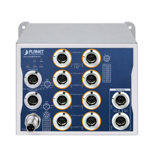 Industrial L2+ 8-Port 10/100/1000T 802.3at PoE M12 + 2-Port 10/100/1000T M12 Bypass Managed Ethernet Switch