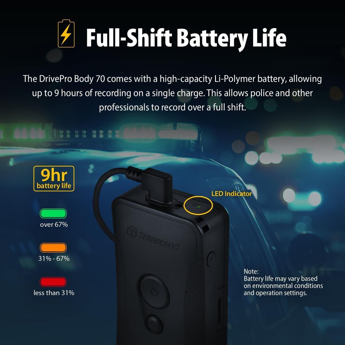 Transcend DrivePro Body 70 Body Camera - 2K QHD 1440P, 64GB, Wi-Fi, GPS