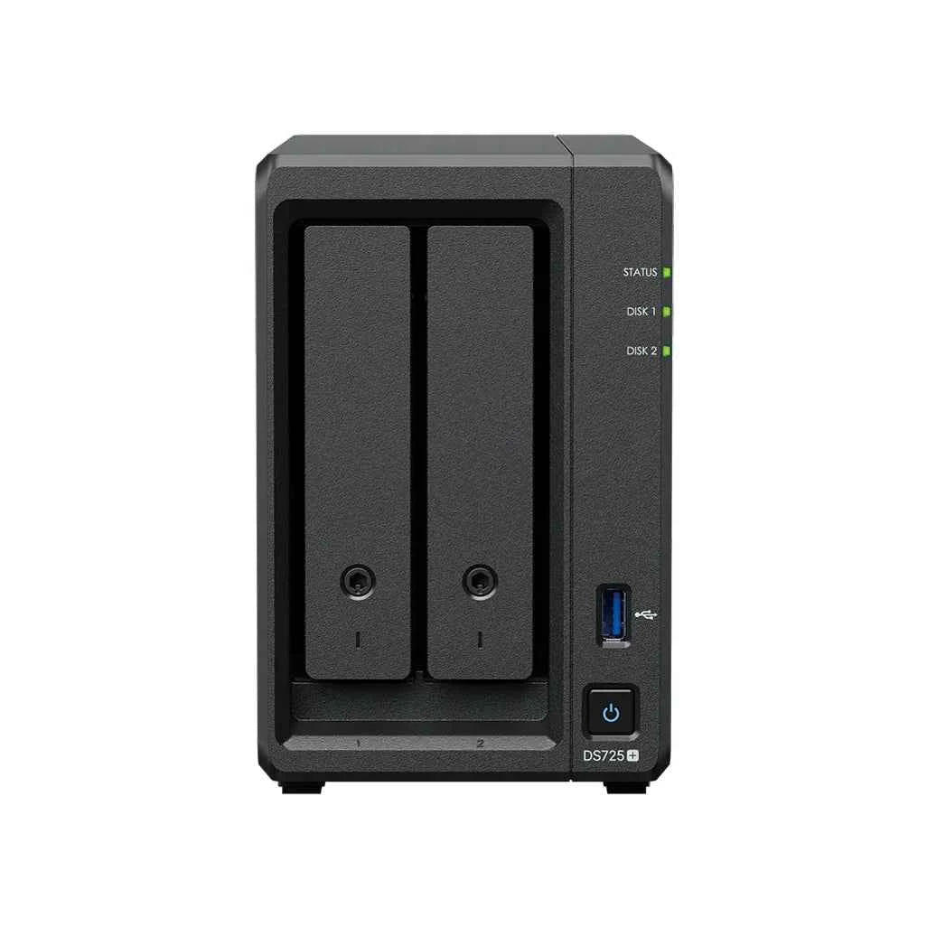 Synology DS725+ 2 Bay NAS AMD Ryzen R1600 2C CPU 4 GB DDR4 ECC SODIMM (2 RAM slots) 1 x RJ-45 1GbE 1 x RJ-45 2.5GbE