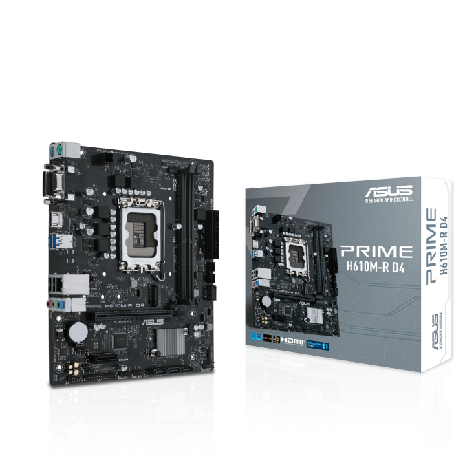 ASUS PRIME H610M-R D4, Intel, LGA 1700, Intel® Celeron®, Intel® Core™ i3, Intel® Core™ i5, Intel® Core™ i7, Intel® Core™ i9, Intel Pentium G, LGA 1700, DDR4-SDRAM, 64 GB