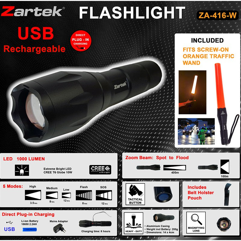 Zartek ZA-416-W USB Rechargeable Power Torch with detachable LIGHT WAND