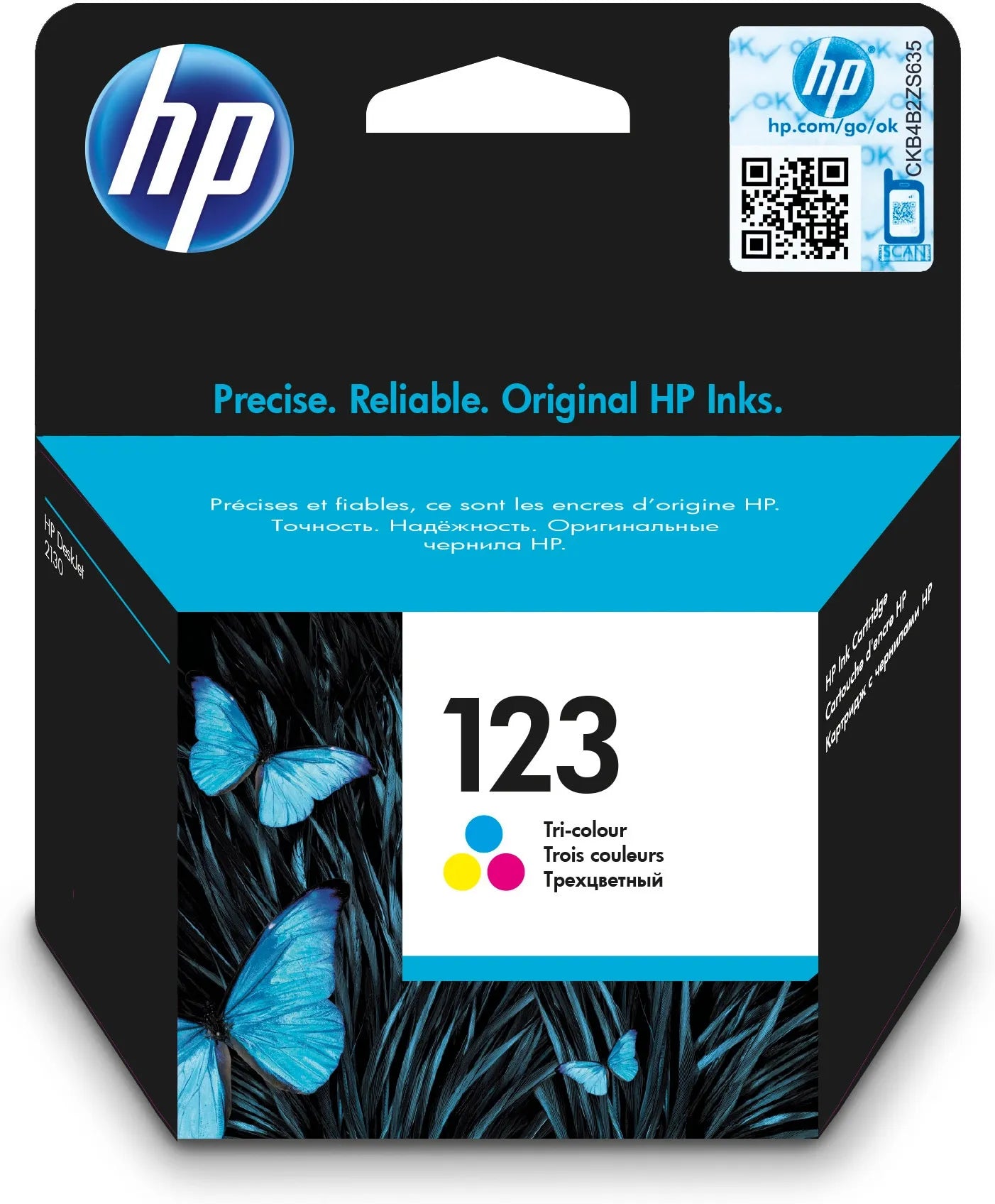 HP 123 Tri-color Original Ink Cartridge;~100 pages. (DeskJet 2130 and 2131). .