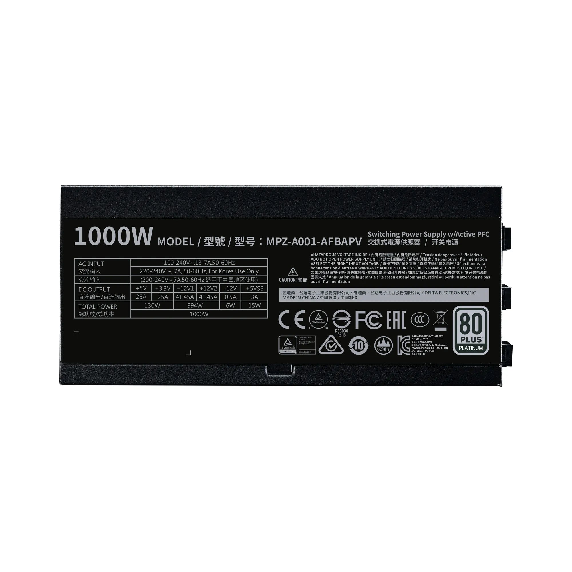 Cooler Master V Platinum 1000W ATX PSU; 80+ Platinum;16 AWG PCI-e Cables; Japanese Capacitors; 10 Year Warranty