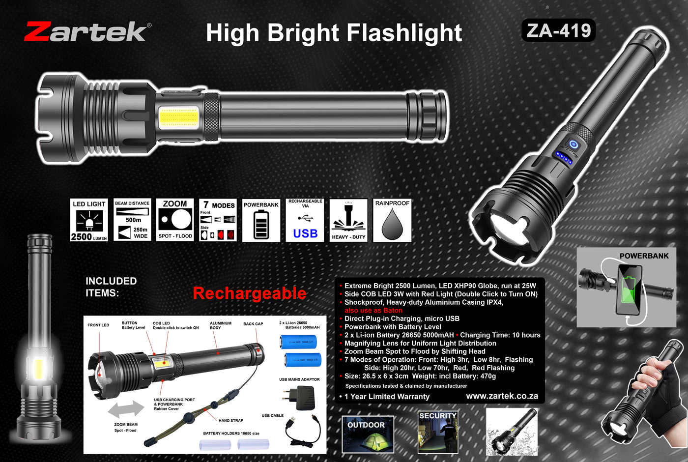 ZA-419 LED Flashlight USB Rechargeable