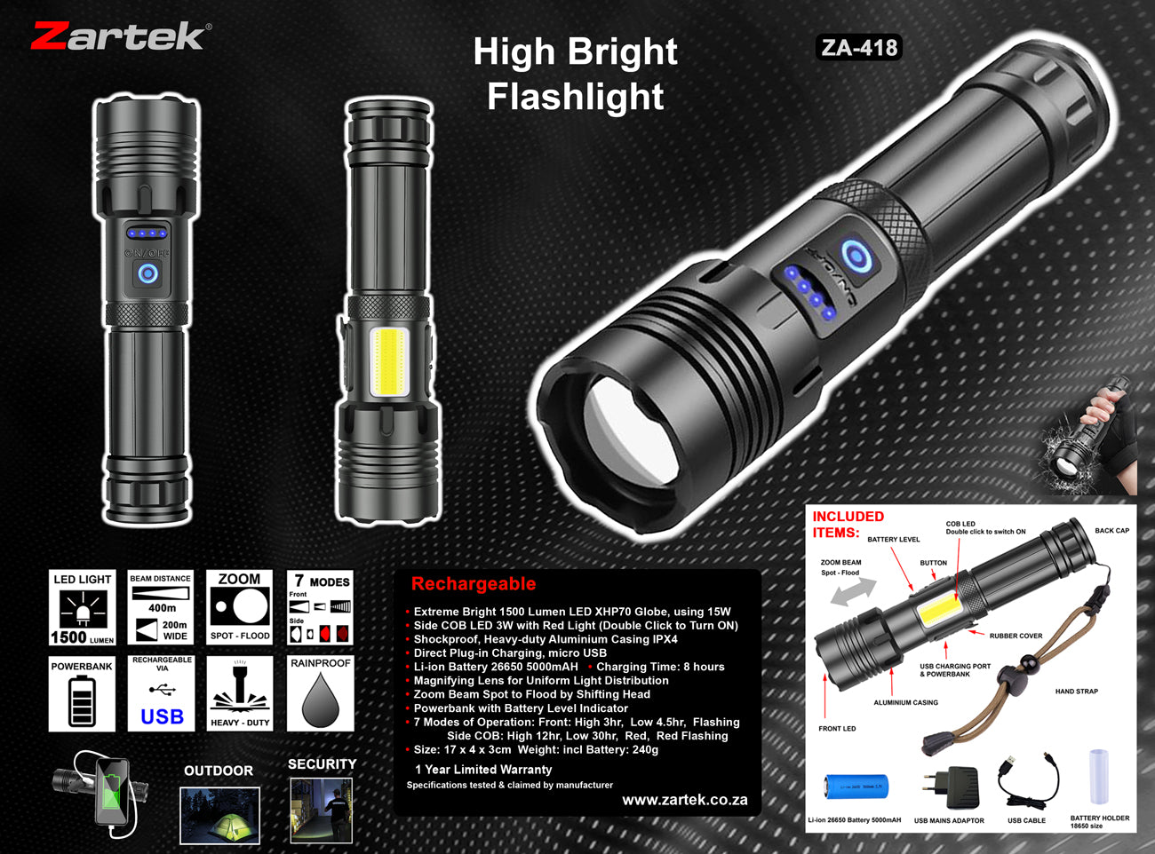 ZA-418 LED Flashlight USB Rechargeable