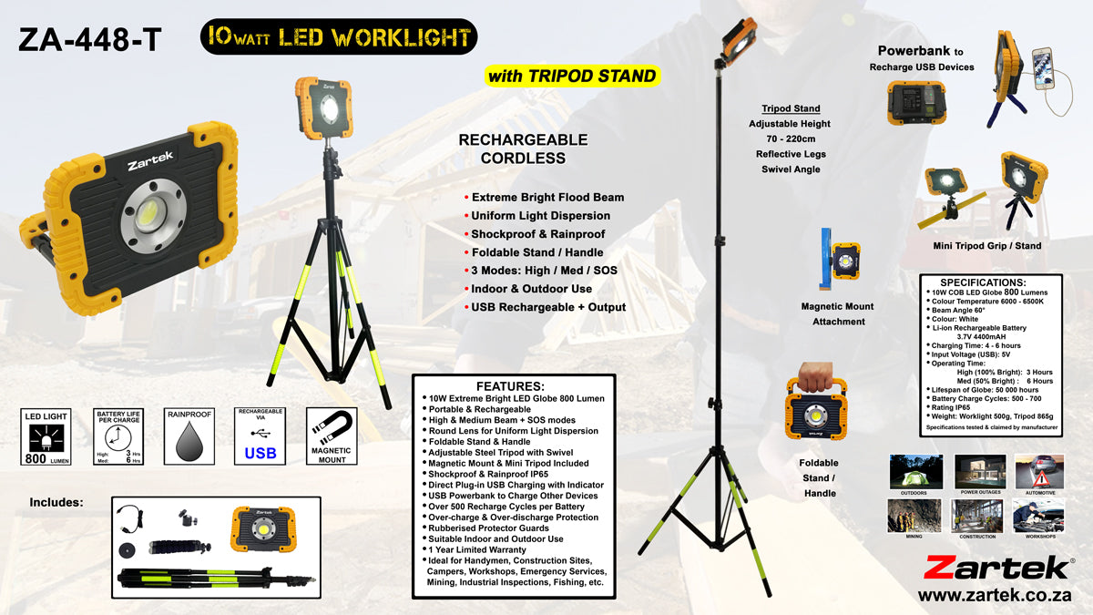 ZA-448-T USB Rechargeable LED Worklight 10 Watt with TRIPOD STAND & Powerbank