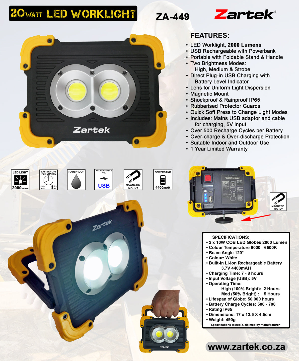 ZA-449 USB Rechargeable LED Worklight 20 Watt with Powerbank