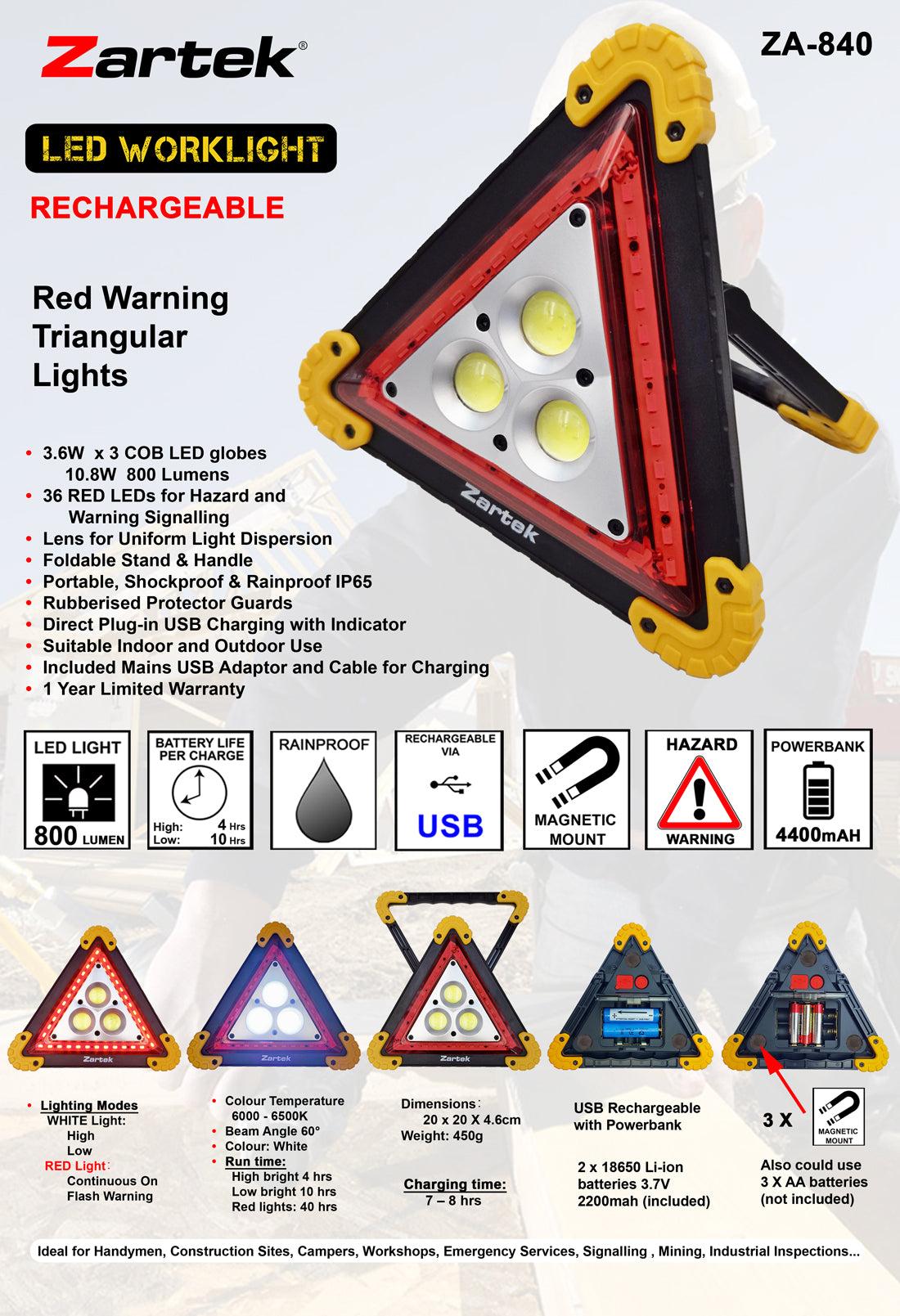 ZA-840 USB Rechargeable LED Worklight 10.8 Watt with RED Warning Lights