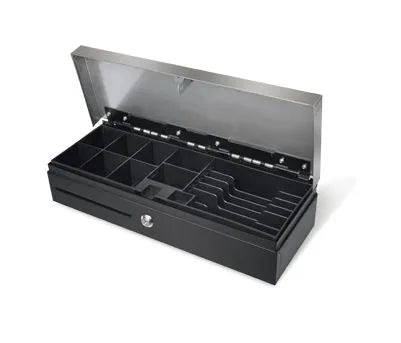 Maken Flip Top cash drawer; 24V; Black; w/Stainless Steel Top; Epson RJ11 Printer Kick; Removable/Adjustable cash tray; 6-bill/8