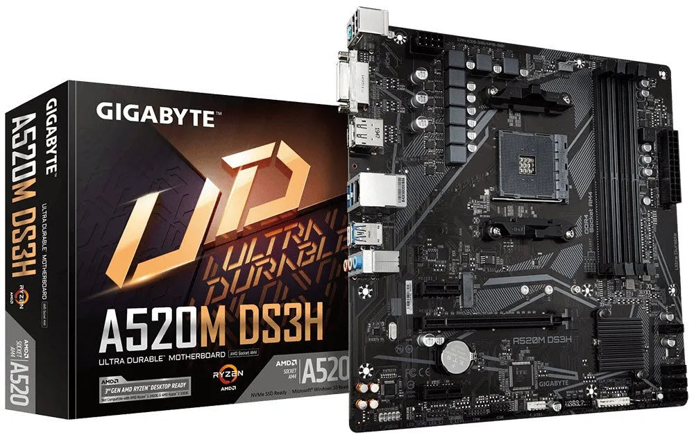 GIGABYTE AMD A520M-DS3H  for 3rd Generation AMD Ryzen™ processors; 4x Dual DDR4; 1x M2; HDMI; DVI; DP