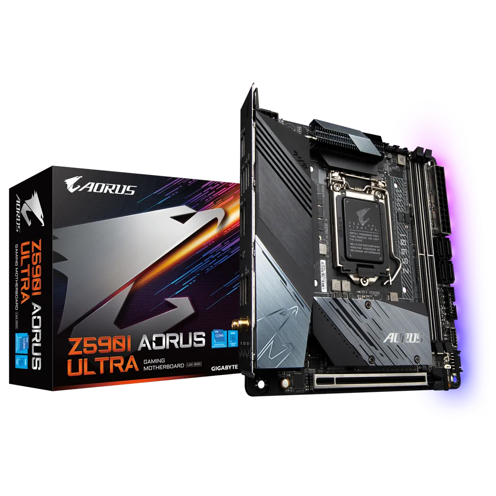 GIGABYTE Aorus Intel® Z590 Ultra Chipset for 10/11th Gen LGA 1200; 2x DDR4; 2x M2; WiFi + Bluetooth; HDMI; DP; Mini ITX