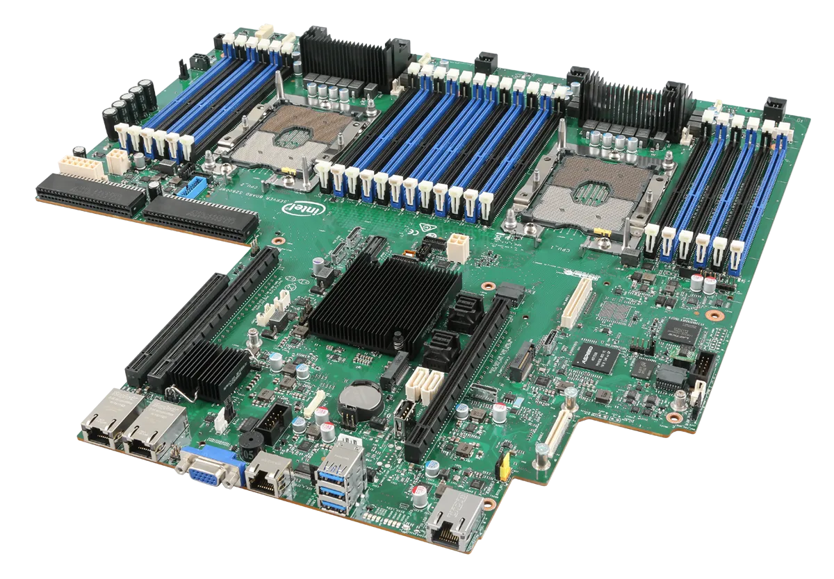 Intel Server Board S2600WFTR; rack optimized server board supporting two 2nd Generation Intel Xeon Scalable CPUs; 24 DIMMs; 2x 1