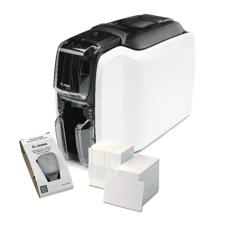 Printer ZC100; Single Sided; UK/EU Cords; USB Only; Windows Driver; CardStudio 2.0 (Standard) application; 200 PVC cards; YMCKO